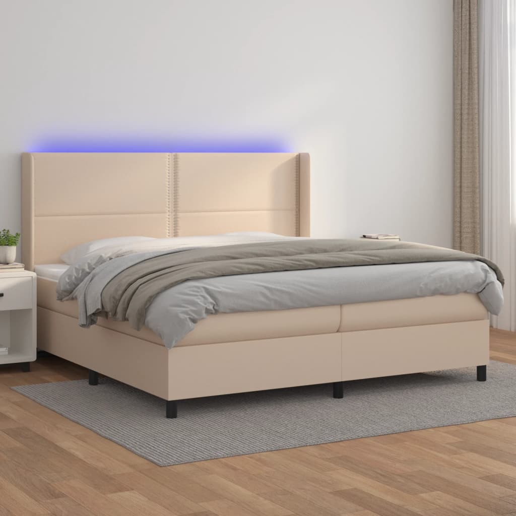 Box spring postel matrace a LED cappuccino 200x200cm umělá kůže