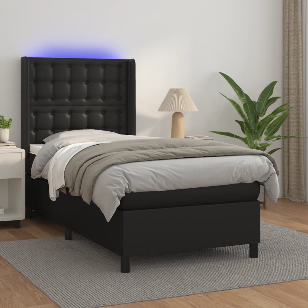fekete műbőr rugós ágy matraccal és LED-del 80 x 200 cm