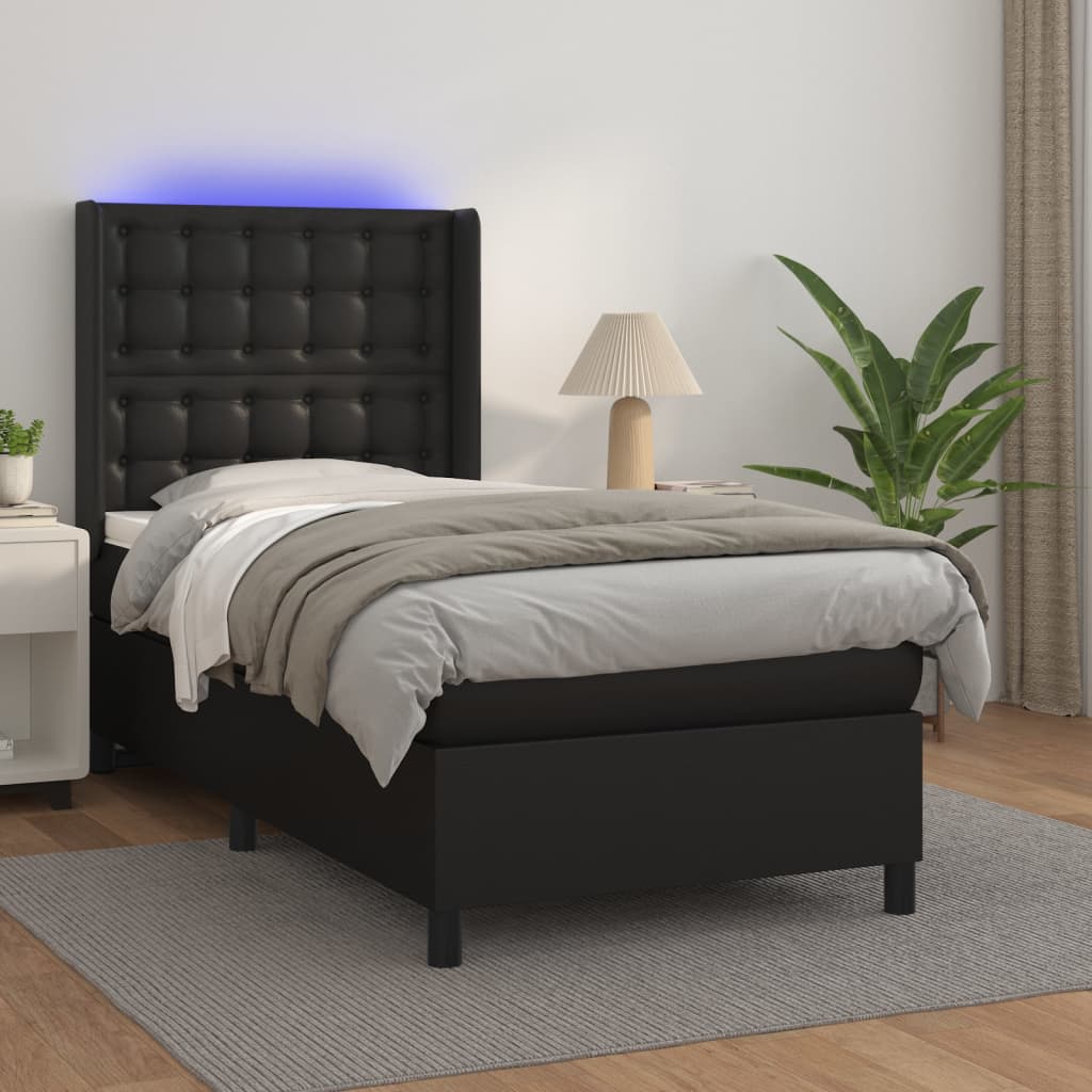 vidaXL Pat cu arcuri, saltea și LED, negru, 90x190 cm, piele ecologică