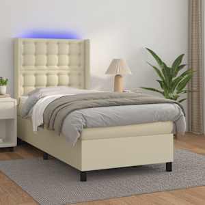 Box spring postel s matrací a LED krémová 90x190 cm umělá kůže - obrázek 1