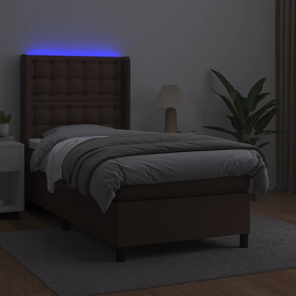 Боксспринг легло с матрак LED кафяво 90x200 см изкуствена кожа — изображение 3
