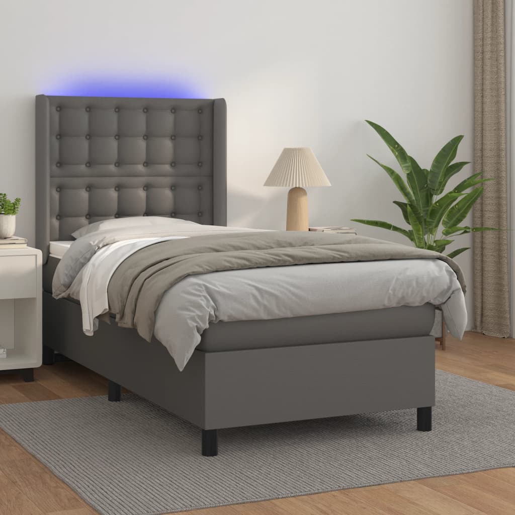 Box spring postel s matrací a LED šedá 90x200 cm umělá kůže