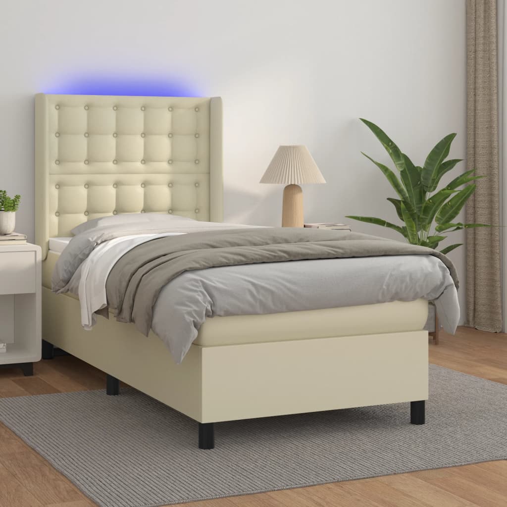 vidaXL Pat cu arcuri, saltea și LED, crem, 100x200 cm, piele ecologică