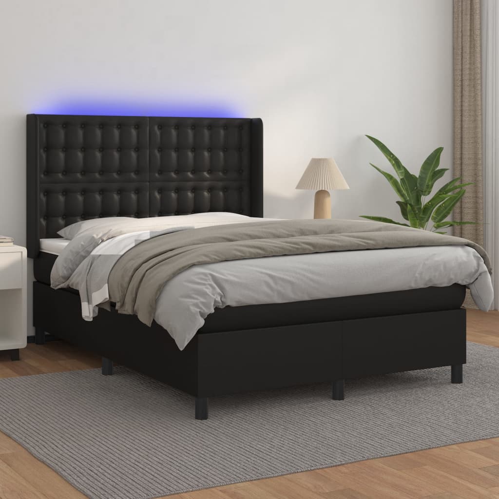 Box spring postel s matrací a LED černá 140 x 190 cm umělá kůže