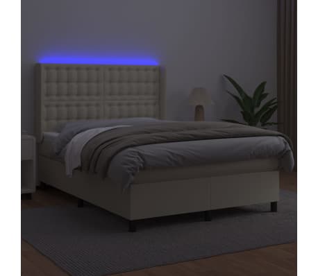 vidaXL Cama box spring colch&oacute;n y LED cuero sint&eacute;tico crema 140x190 cm