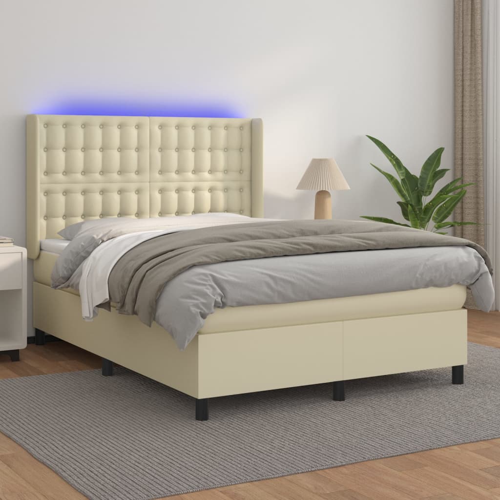 vidaXL Pat cu arcuri, cu saltea & LED, crem, 140x190 cm, piele eco