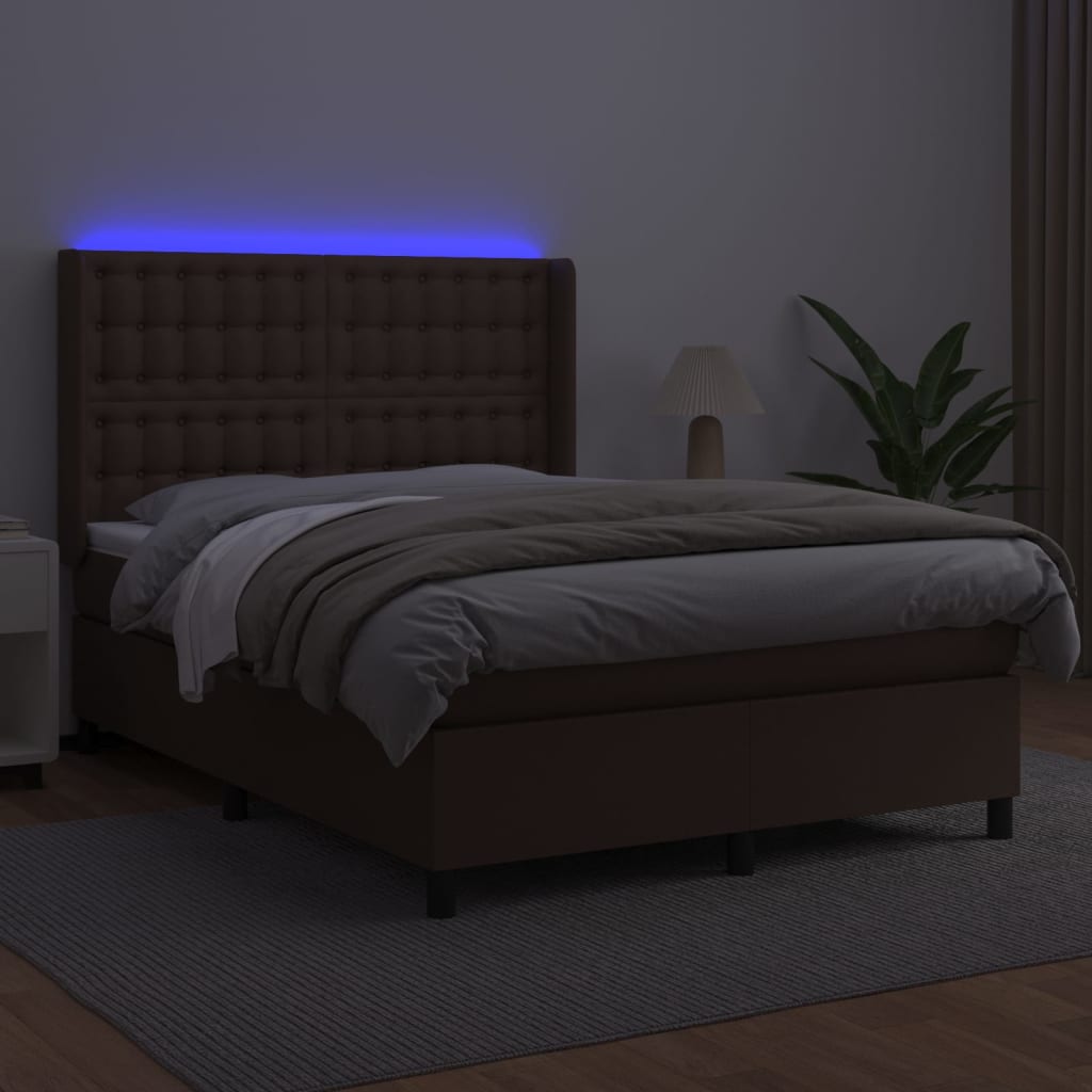 vidaXL Ramsäng med madrass & LED brun 140x190 cm konstläder