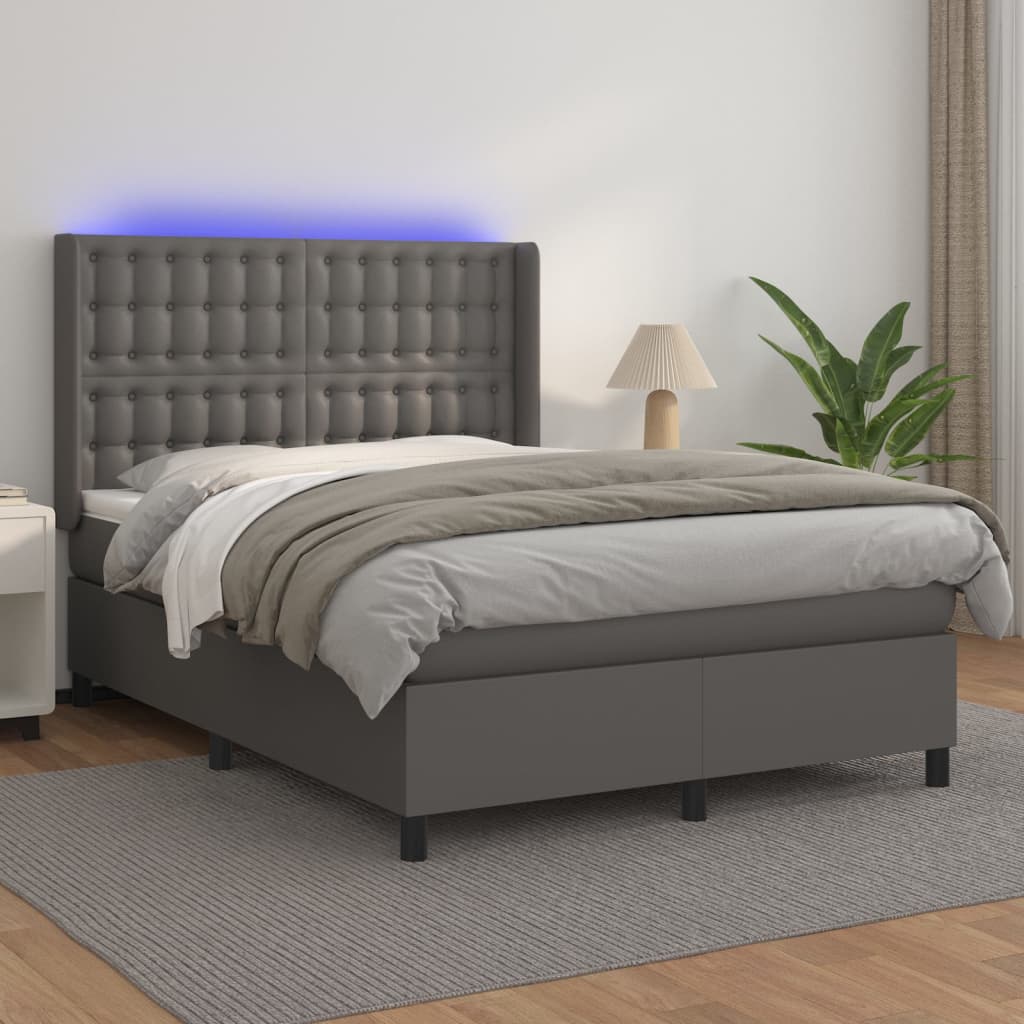 Box spring postel s matrací a LED šedá 140x190 cm umělá kůže