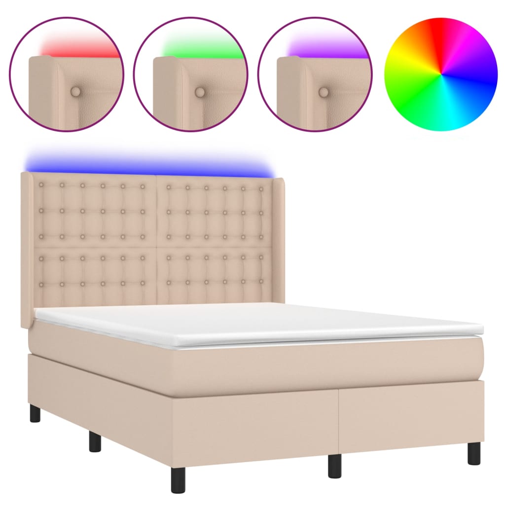 vidaXL Boxspring met matras en LED kunstleer cappuccinokleur 140x190cm bruin, foto 3