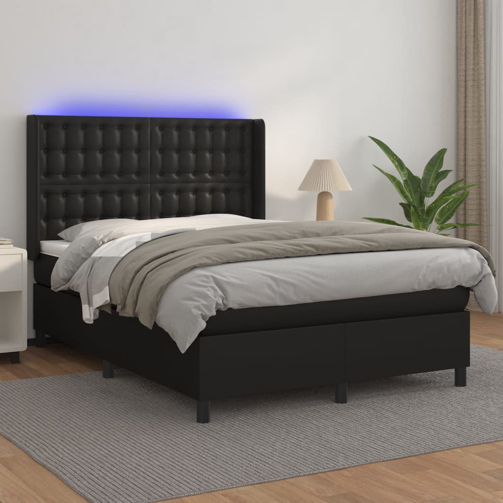 Box spring postel s matrací a LED černá 140x200 cm umělá kůže