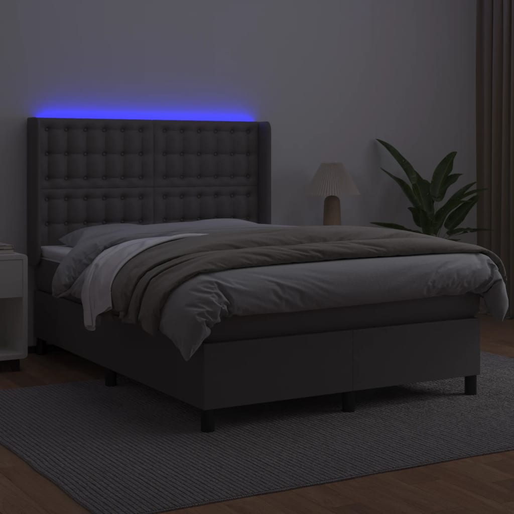 Krevet box spring s madracem LED sivi 140x200cm od umjetne kože