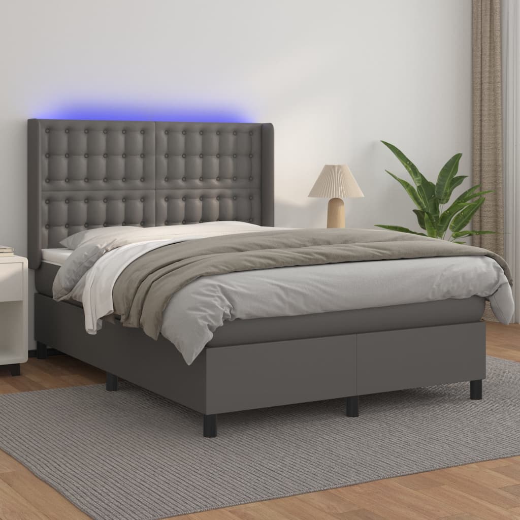 Krevet box spring s madracem LED sivi 140x200cm od umjetne kože