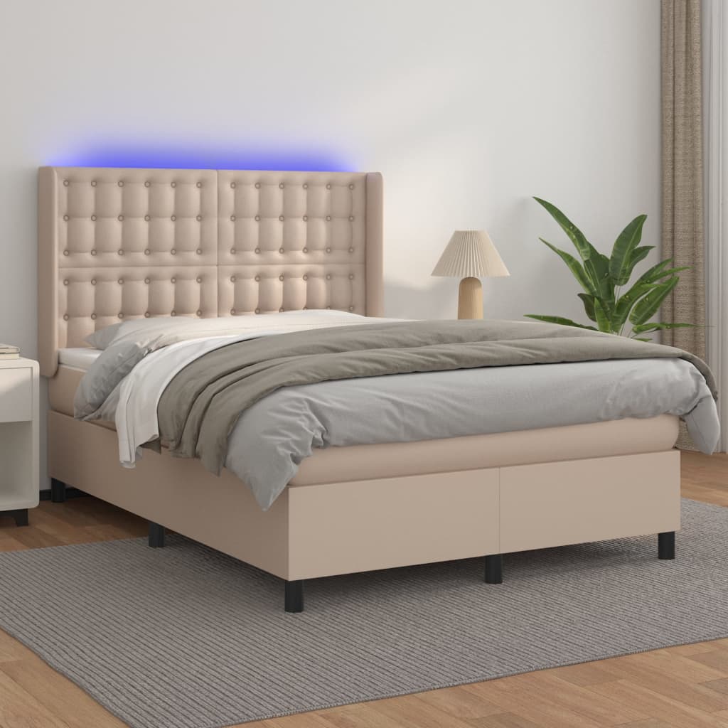 Box spring postel matrace a LED cappuccino 140x200cm umělá kůže