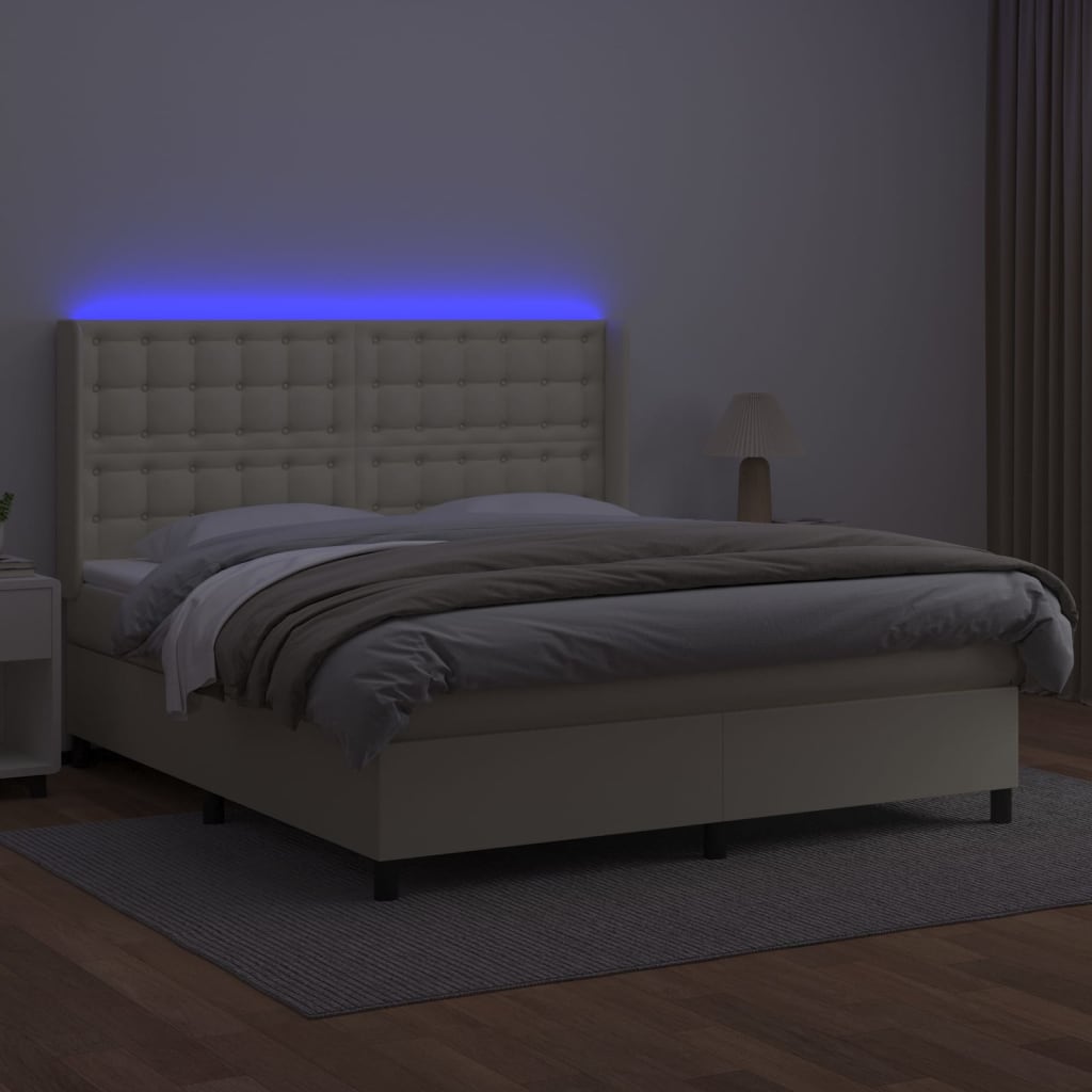 Box spring postel s matrací a LED krémová 160x200 cm umělá kůže 3139393