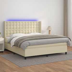 Box spring postel s matrací a LED krémová 160x200 cm umělá kůže - obrázek 1