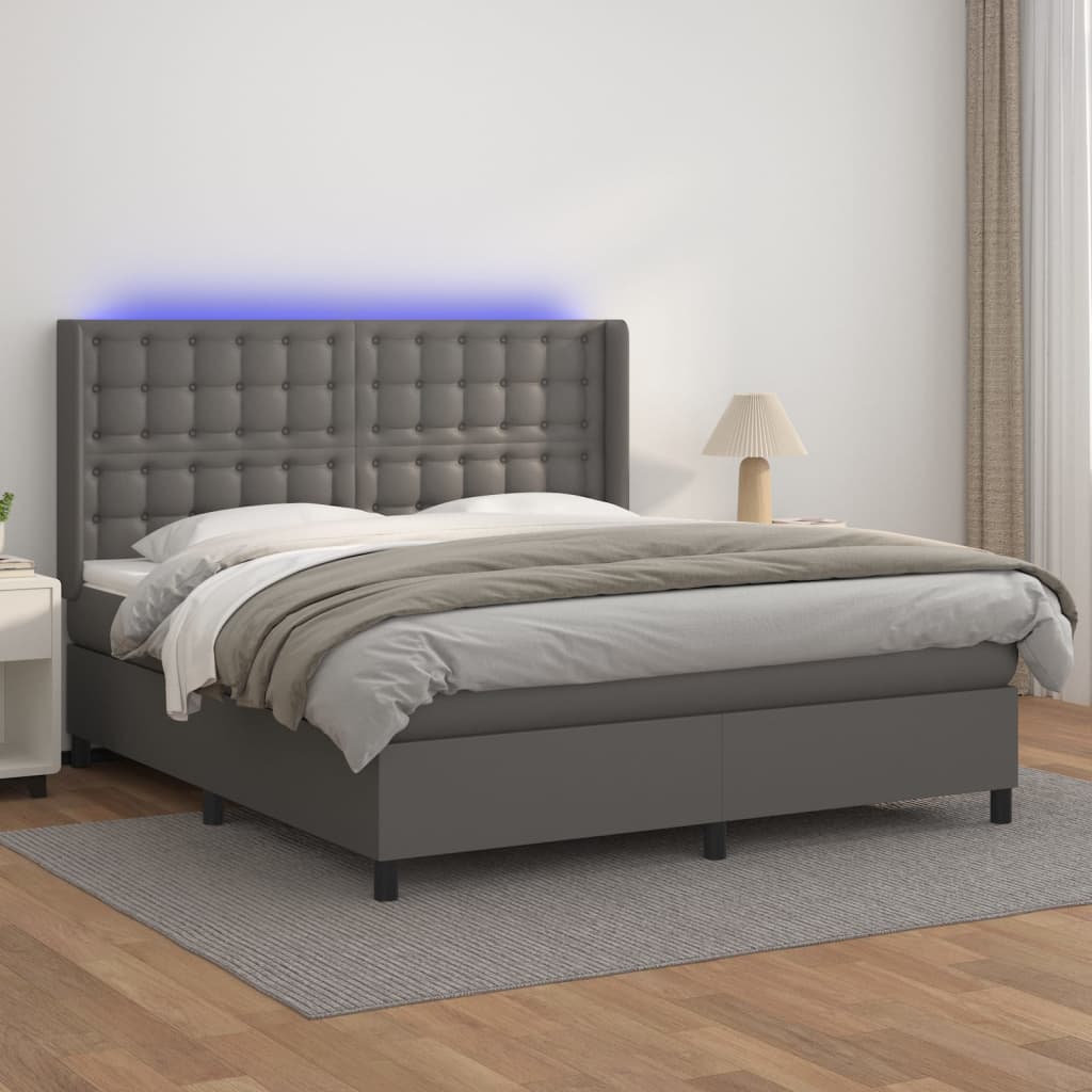 Box spring postel s matrací a LED šedá 180x200 cm umělá kůže