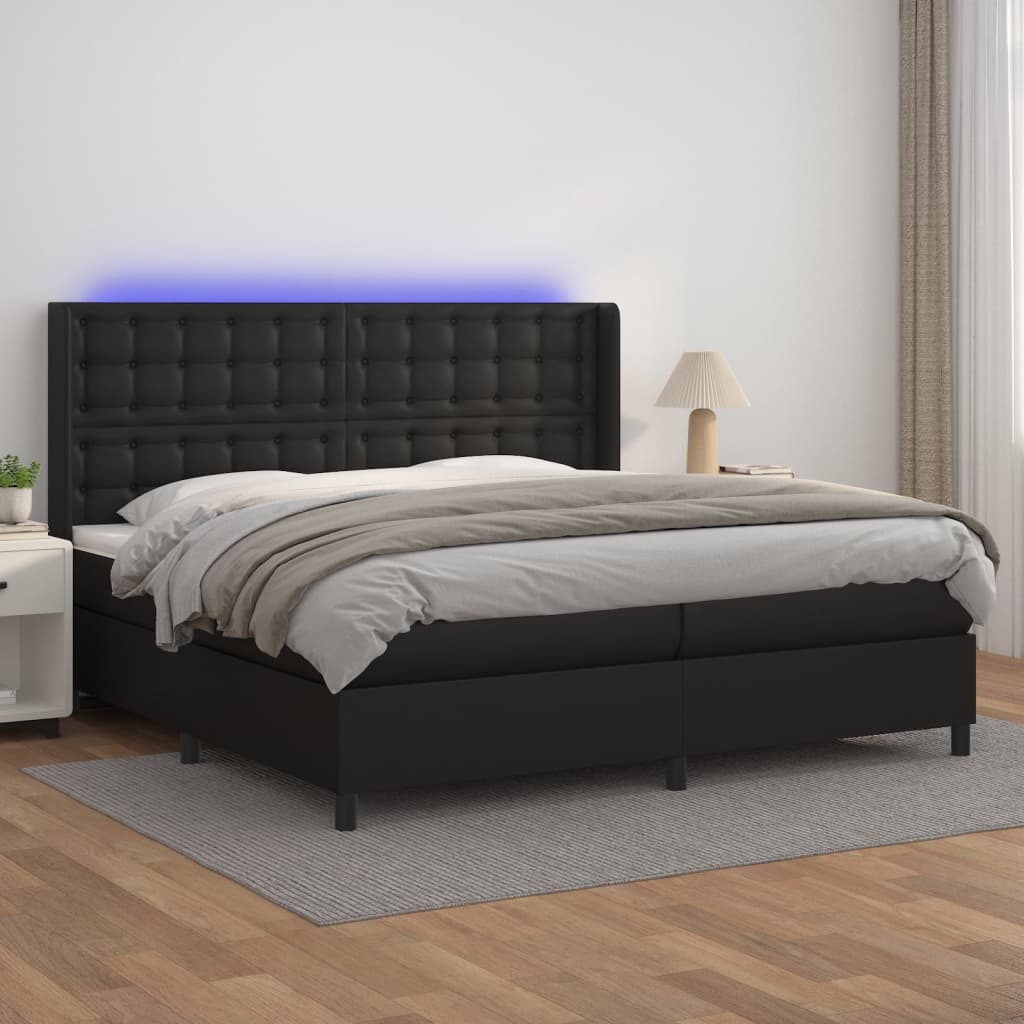 vidaXL Pat cu arcuri, saltea și LED, negru, 200x200cm, piele ecologică