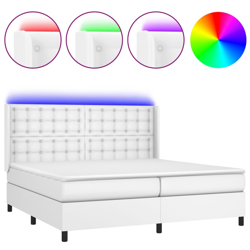 vidaXL Box spring postelja z vzmetnico LED bela 200x200cm umetno usnje