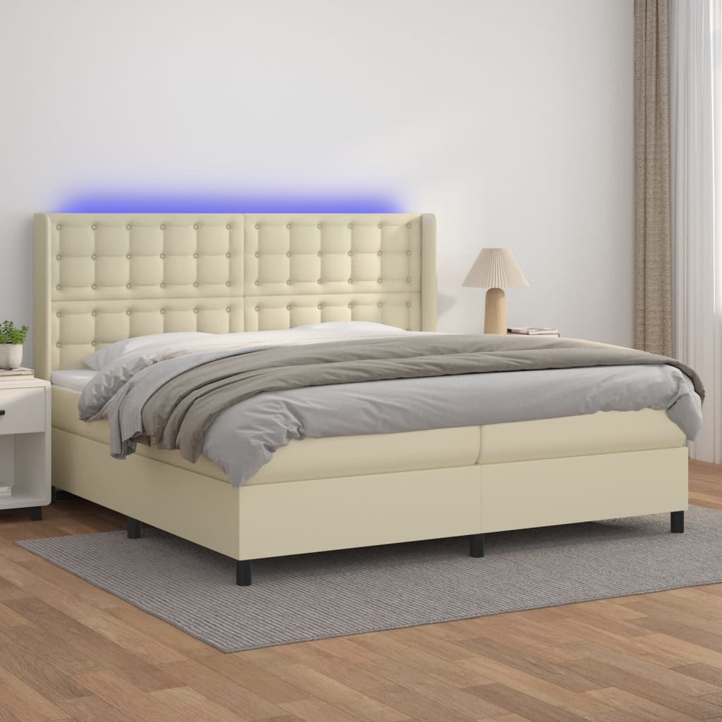 vidaXL kontinentalseng med LED-lys 200x200 cm kunstlæder cremefarvet