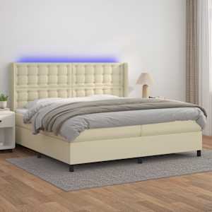 Box spring postelja z vzmetnico LED krem 200x200cm umetno usnje