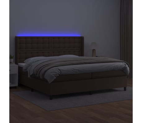 vidaXL Lova su spyruoklėmis/čiužiniu/LED, ruda, 200x200cm, netikra oda