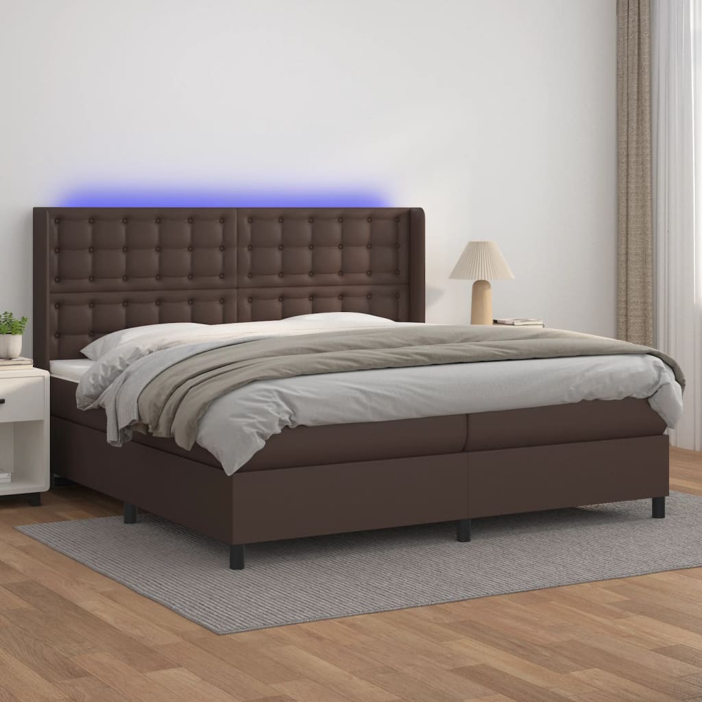 Box spring postel s matrací a LED hnědá 200x200 cm umělá kůže