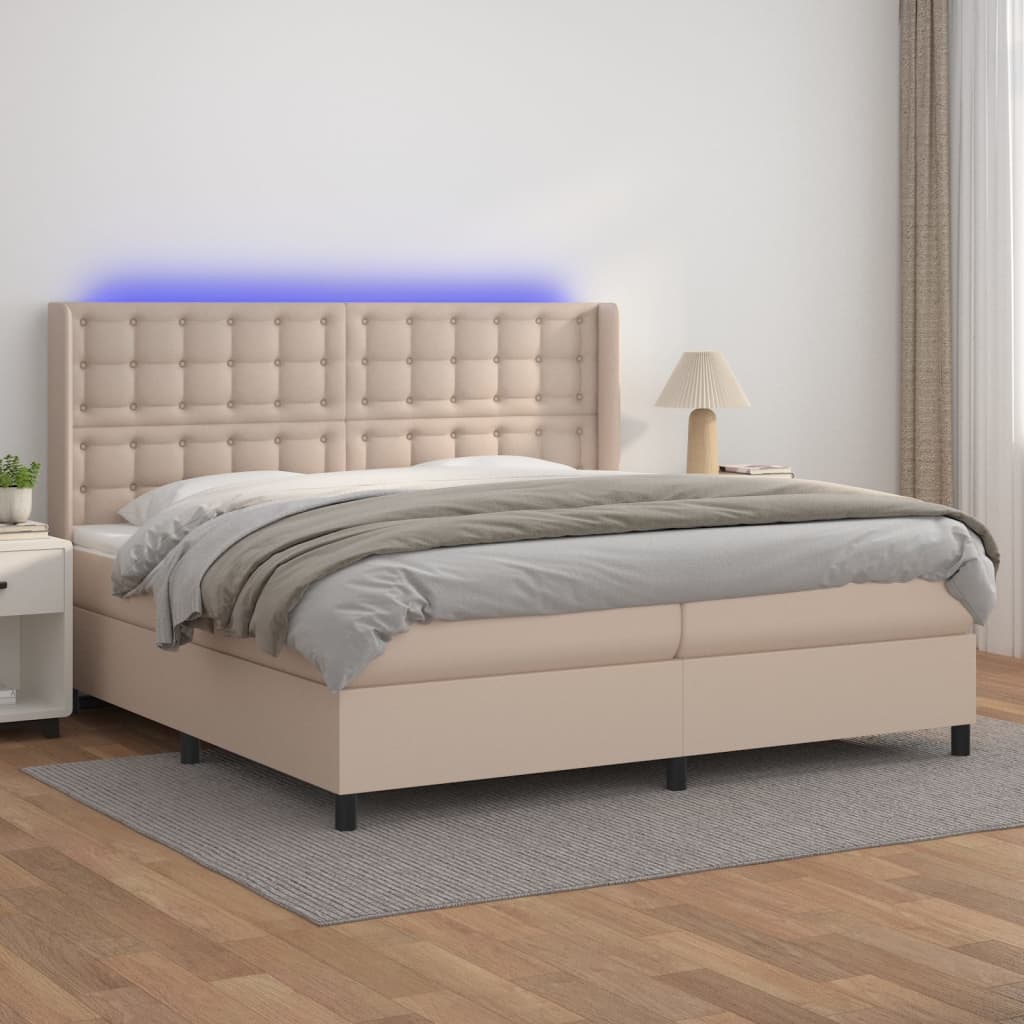 vidaXL Pat cu arcuri, cu saltea și LED cappuccino 200x200 cm piele eco