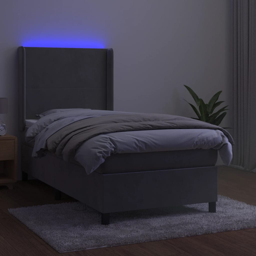 Világosszürke bársony rugós és LED-es ágy matraccal 80 x 200 cm 