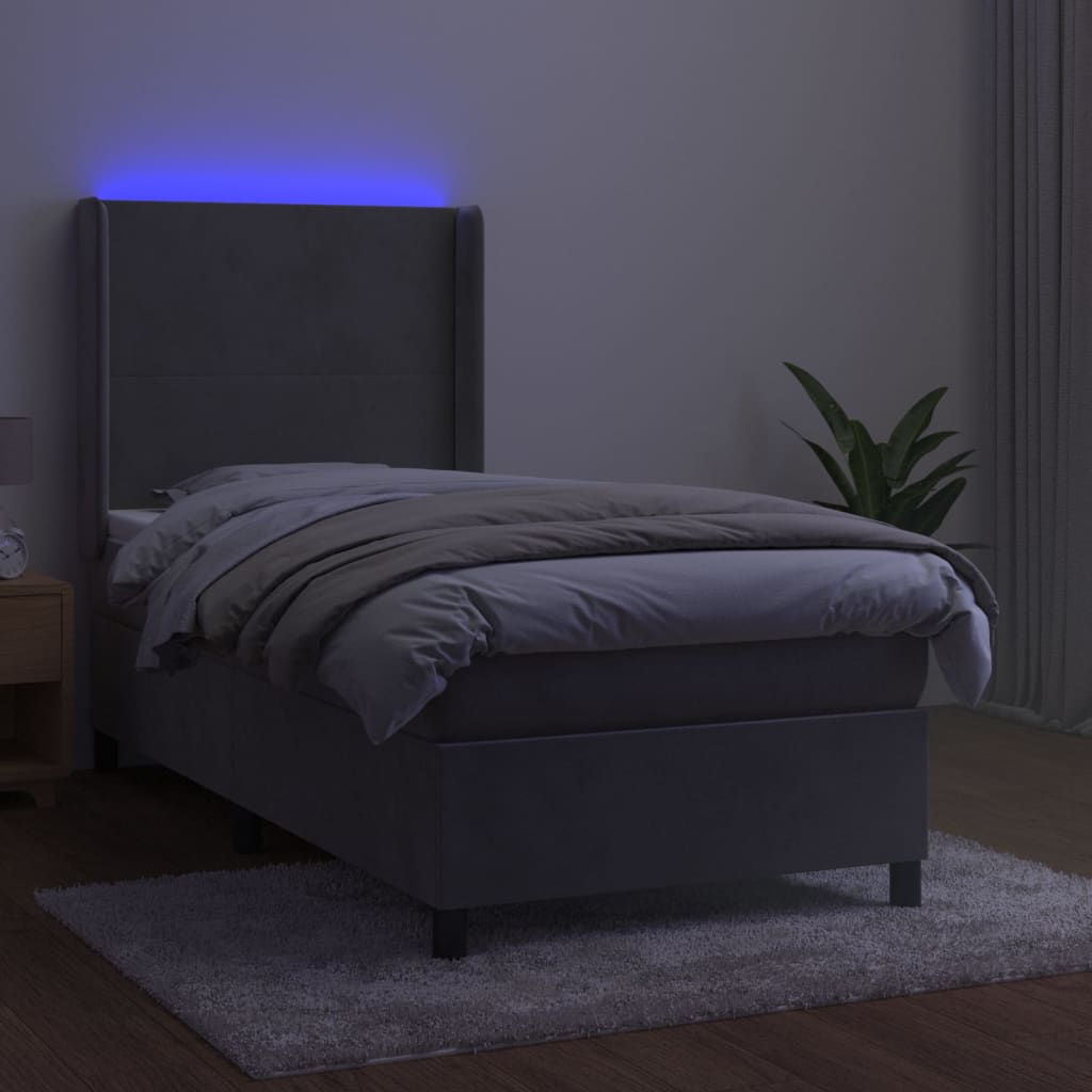 vidaXL Boxspring met matras en LED fluweel lichtgrijs 90x190 cm afbeelding