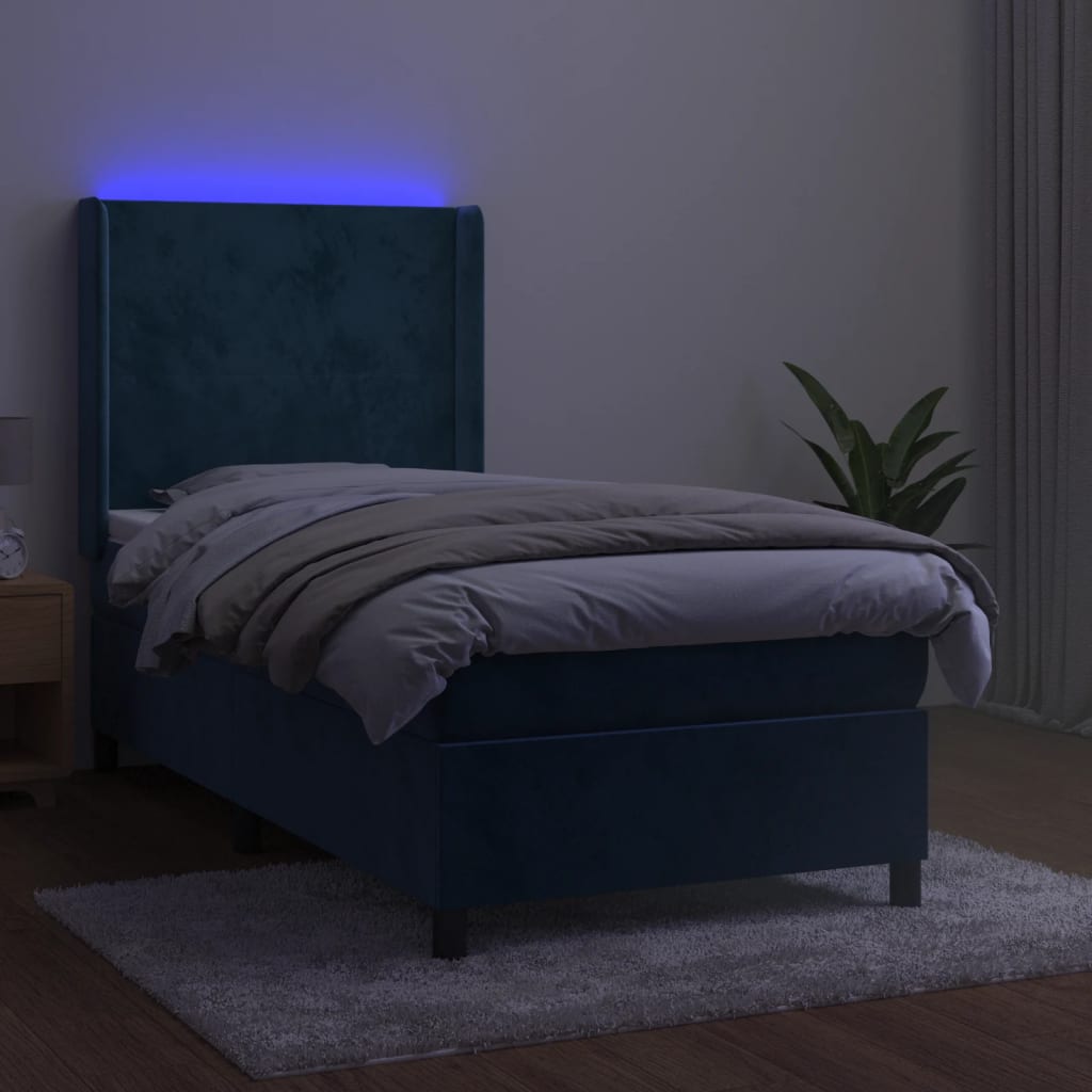 Sötétkék bársony rugós és LED-es ágy matraccal 90x190 cm 