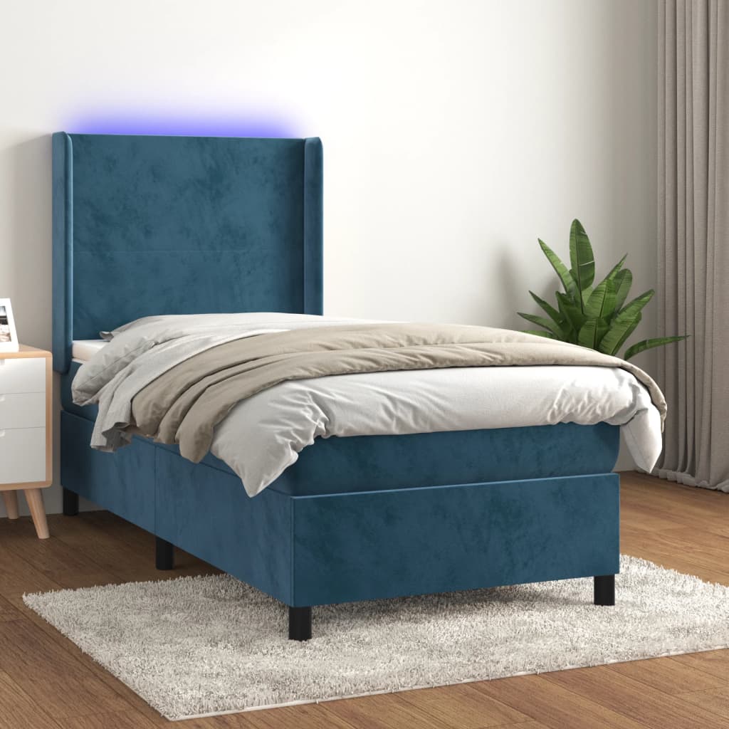 Sommier tapissier et matelas et LED Bleu foncé 90x190cm Velours