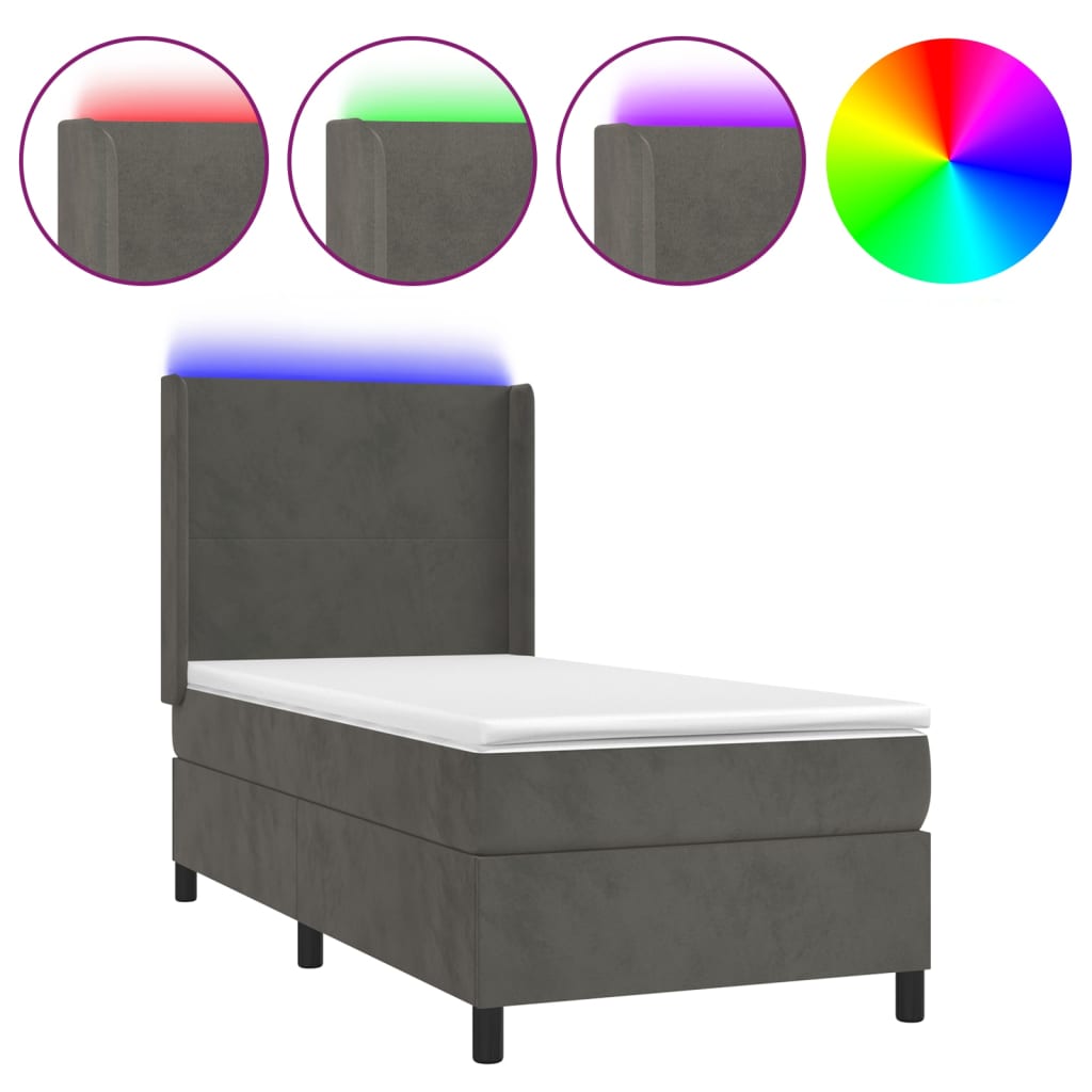 Sötétszürke bársony rugós és LED-es ágy matraccal 90x200 cm 