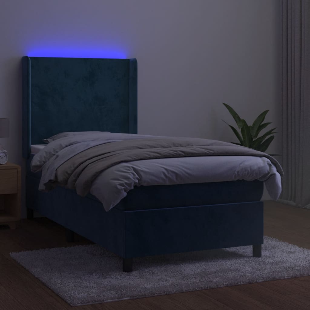 Box spring postel s matrací a LED tmavě modrá 90x200 cm samet