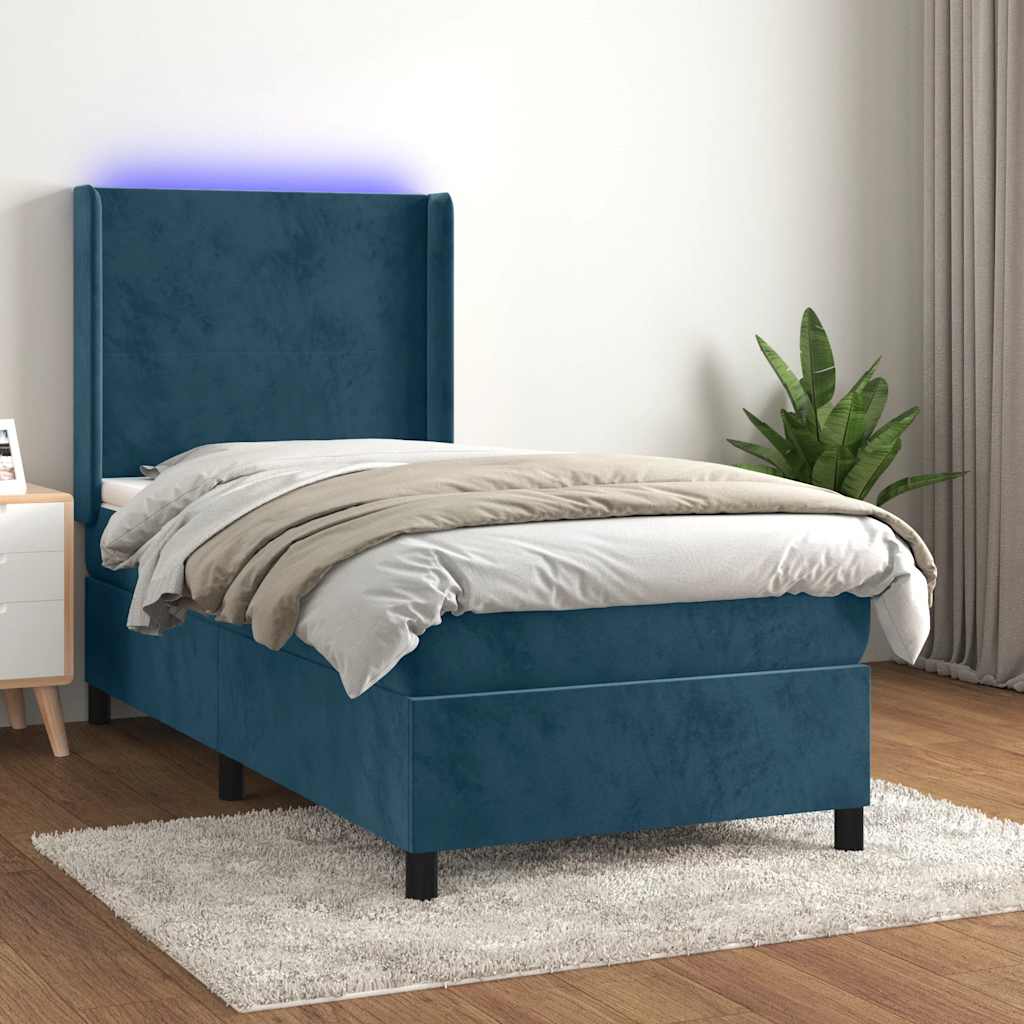 vidaXL Pat cu arcuri, saltea și LED, bleumarin, 100x200 cm, catifea