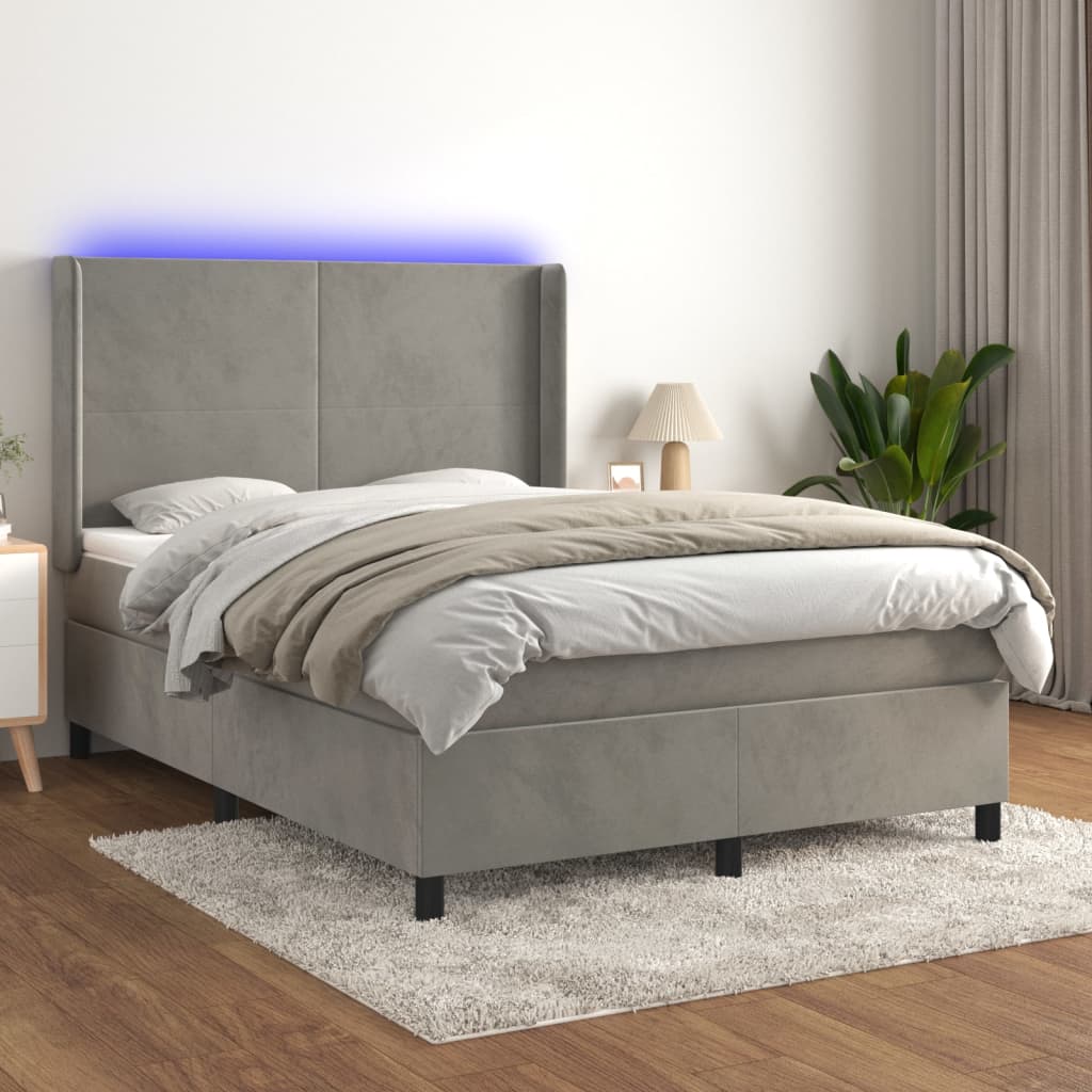 vidaXL Boxspringbett mit Matratze & LED Hellgrau 140x190 cm Samt