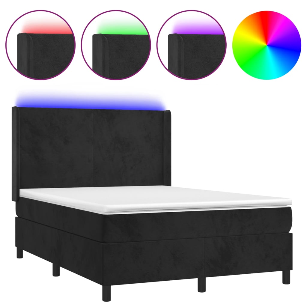 vidaXL Box spring postelja z vzmetnico LED črna 140x190 cm žamet