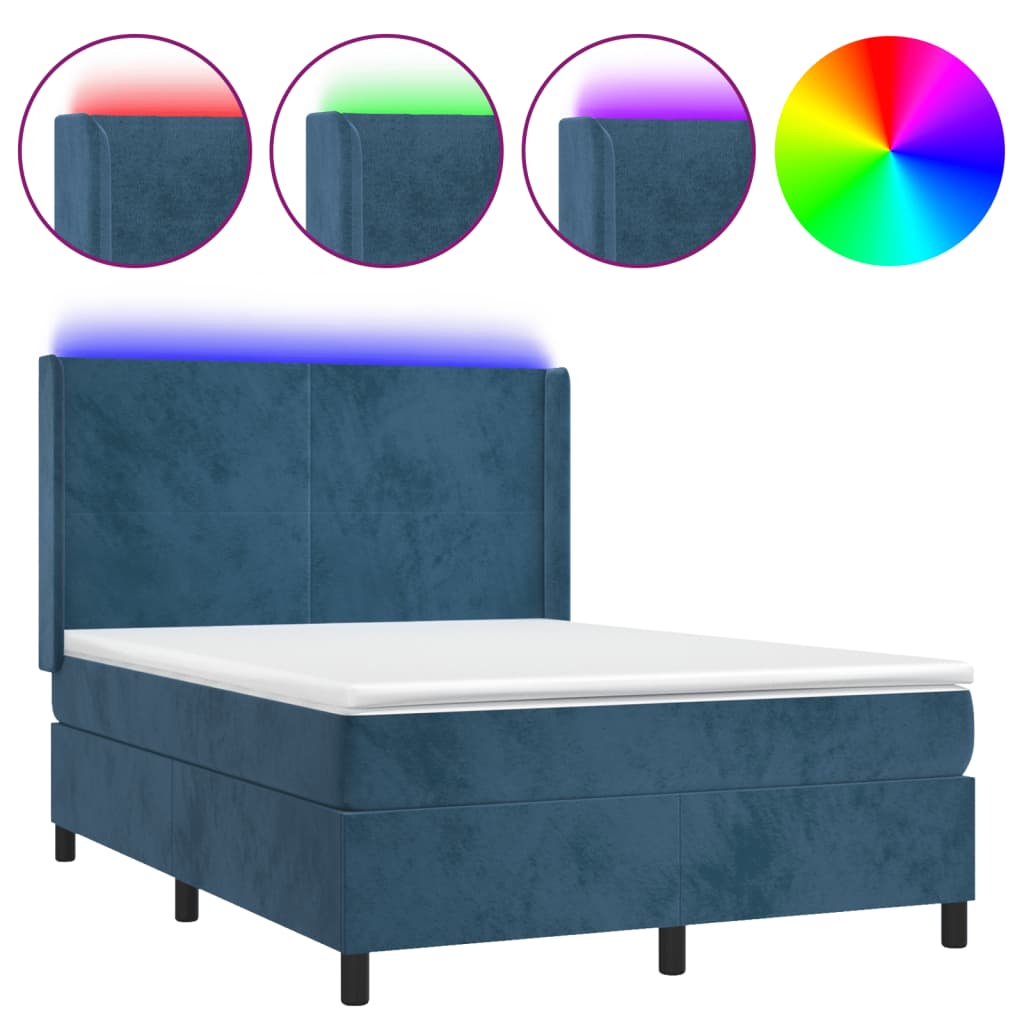 Sötétkék bársony rugós és LED-es ágy matraccal 140x190 cm 