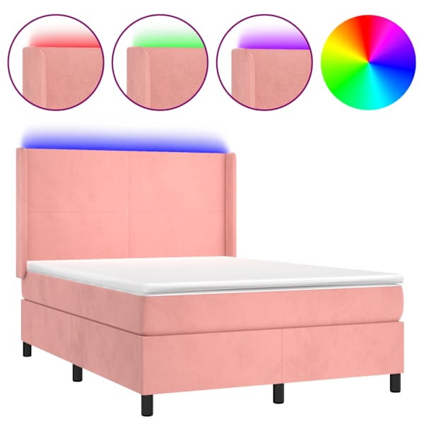 vidaXL kontinentaalvoodi madrats, LED, roosa, 140x190 cm, samet