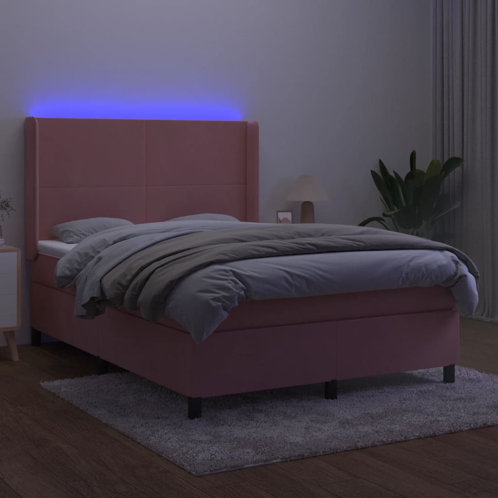 vidaXL Boxspring met matras en LED fluweel roze 140x190 cm afbeelding