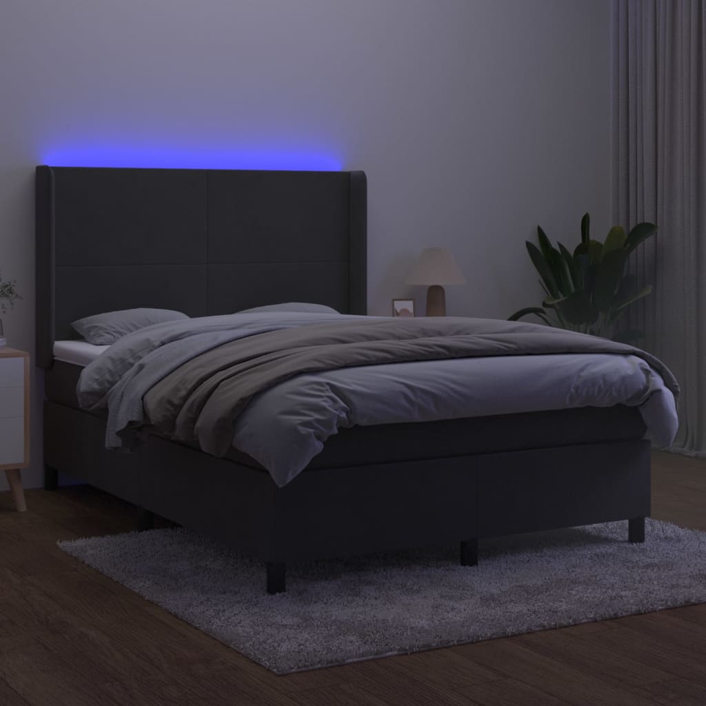 Sötétszürke bársony rugós és LED-es ágy matraccal 140x200 cm 
