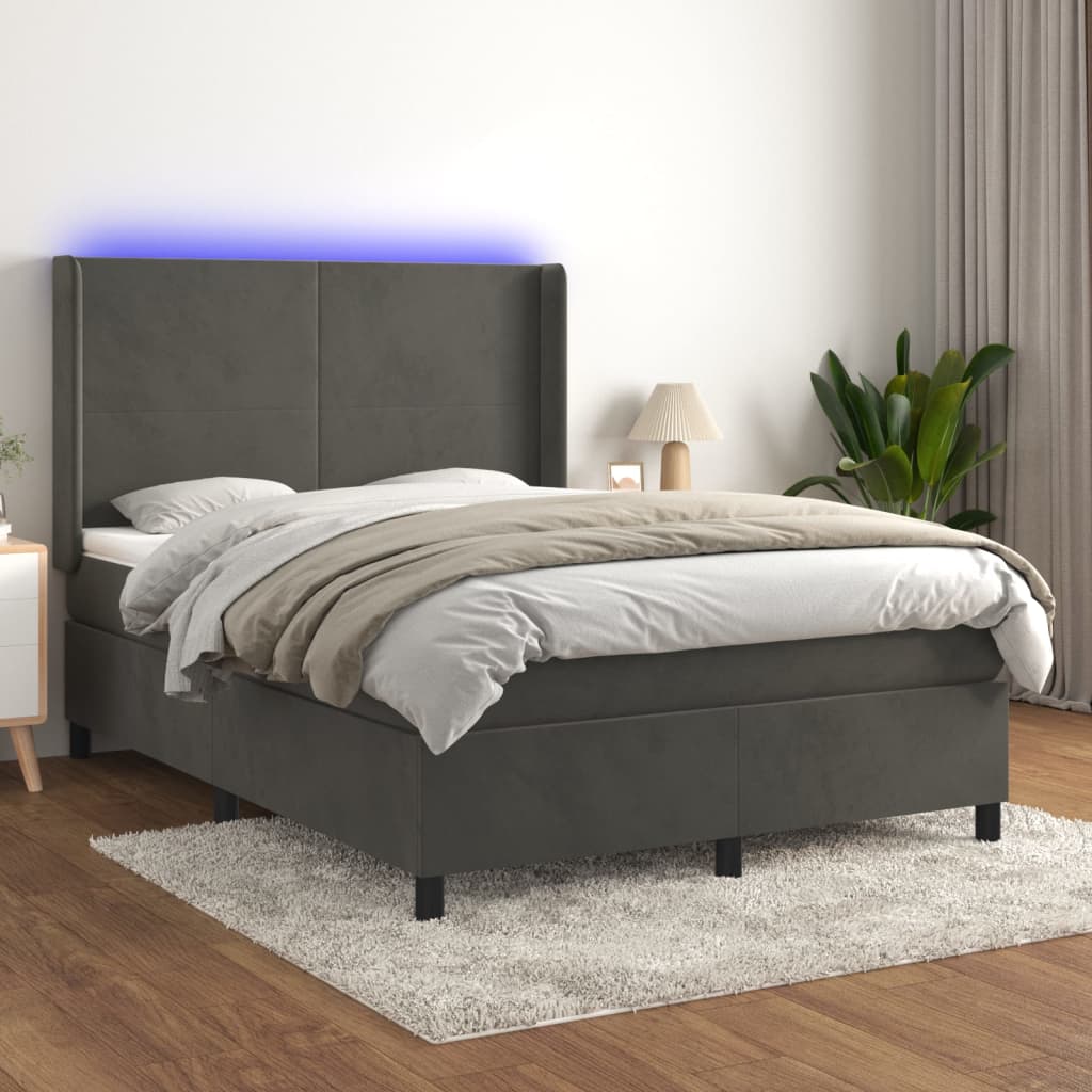 Sommier tapissier matelas et LED Gris foncé 140x200 cm Velours