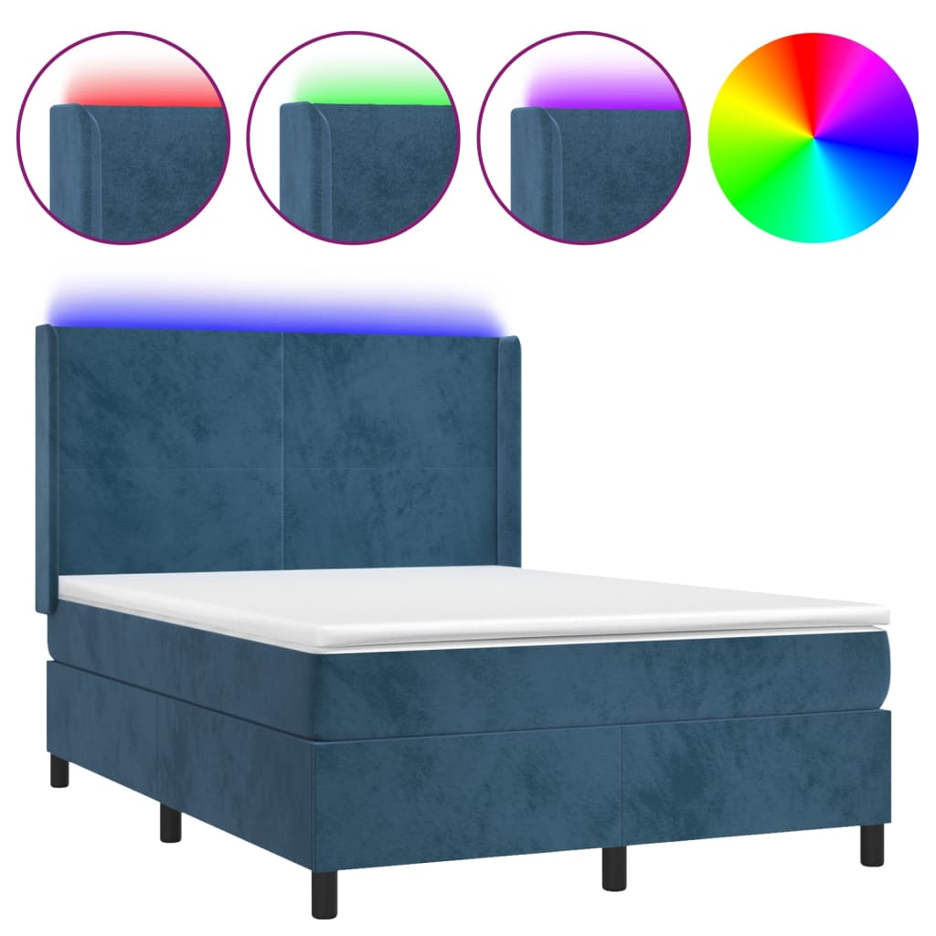 Sötétkék bársony rugós és LED-es ágy matraccal 140x200 cm 