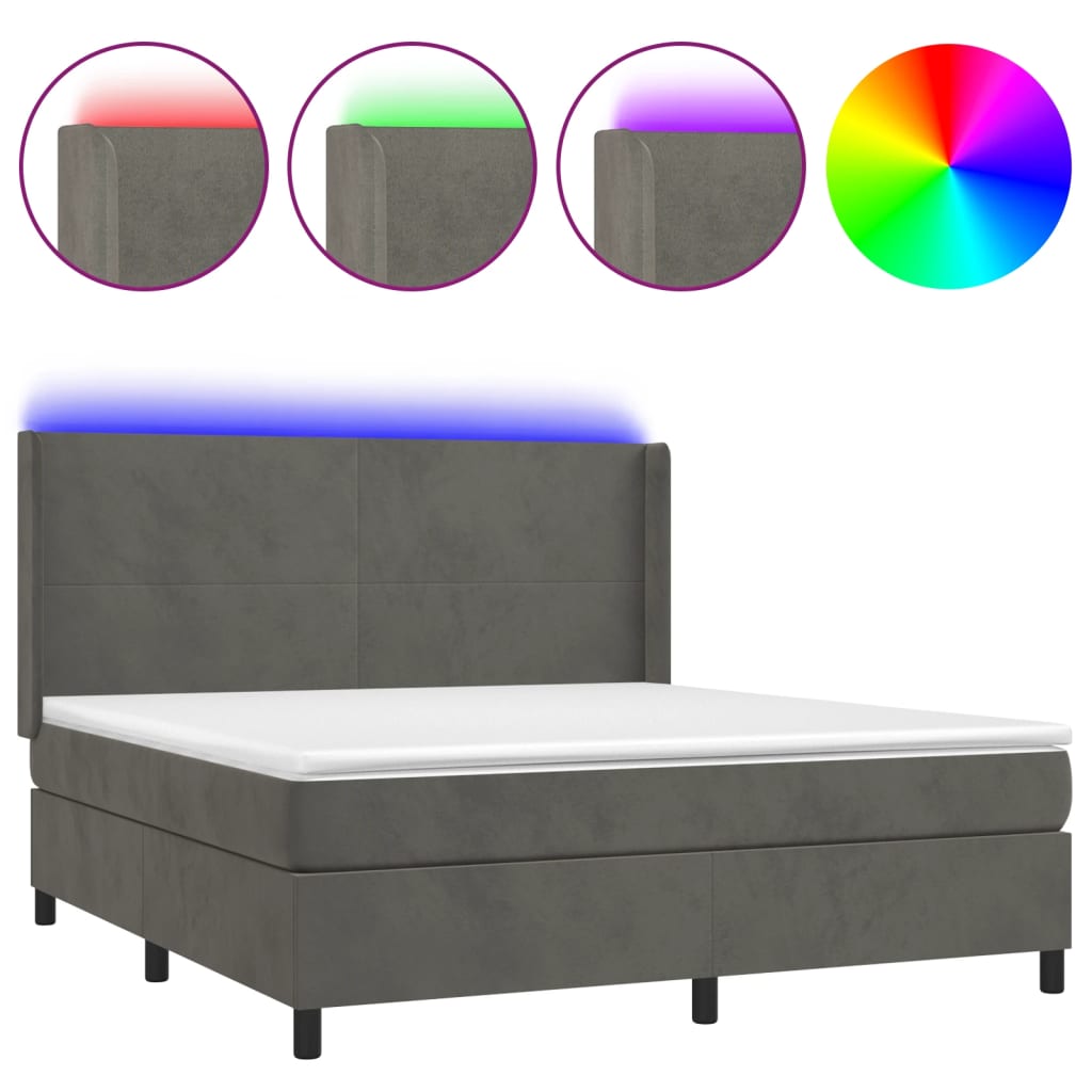 Sötétszürke bársony rugós és LED-es ágy matraccal 160x200 cm 
