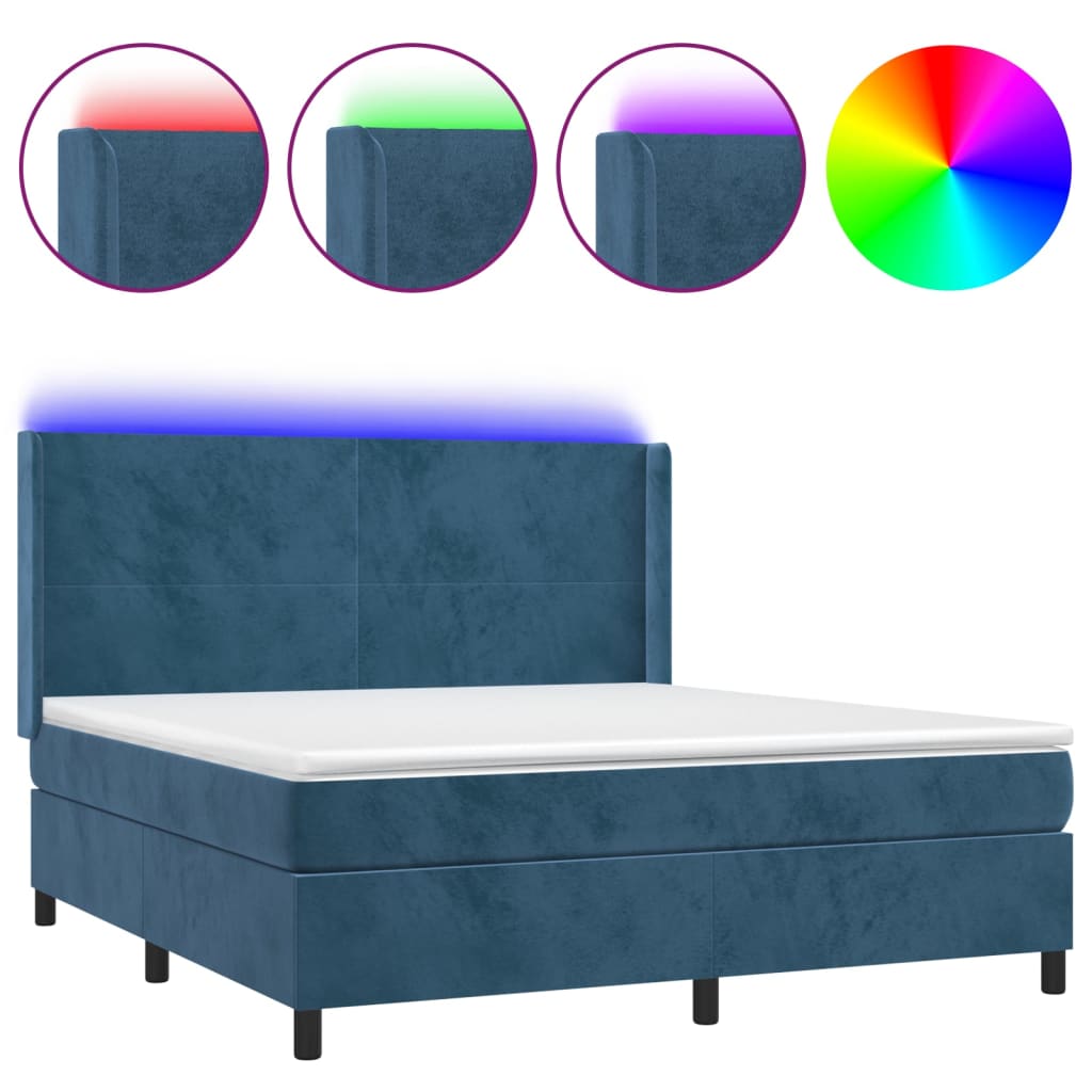 Sötétkék bársony rugós és LED-es ágy matraccal 160x200 cm 