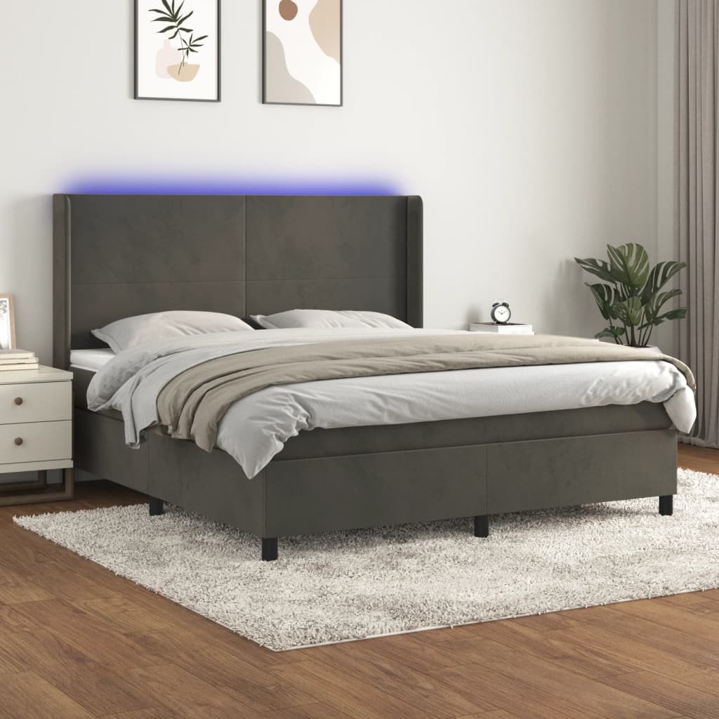 Sommier tapissier matelas et LED Gris foncé 180x200 cm Velours