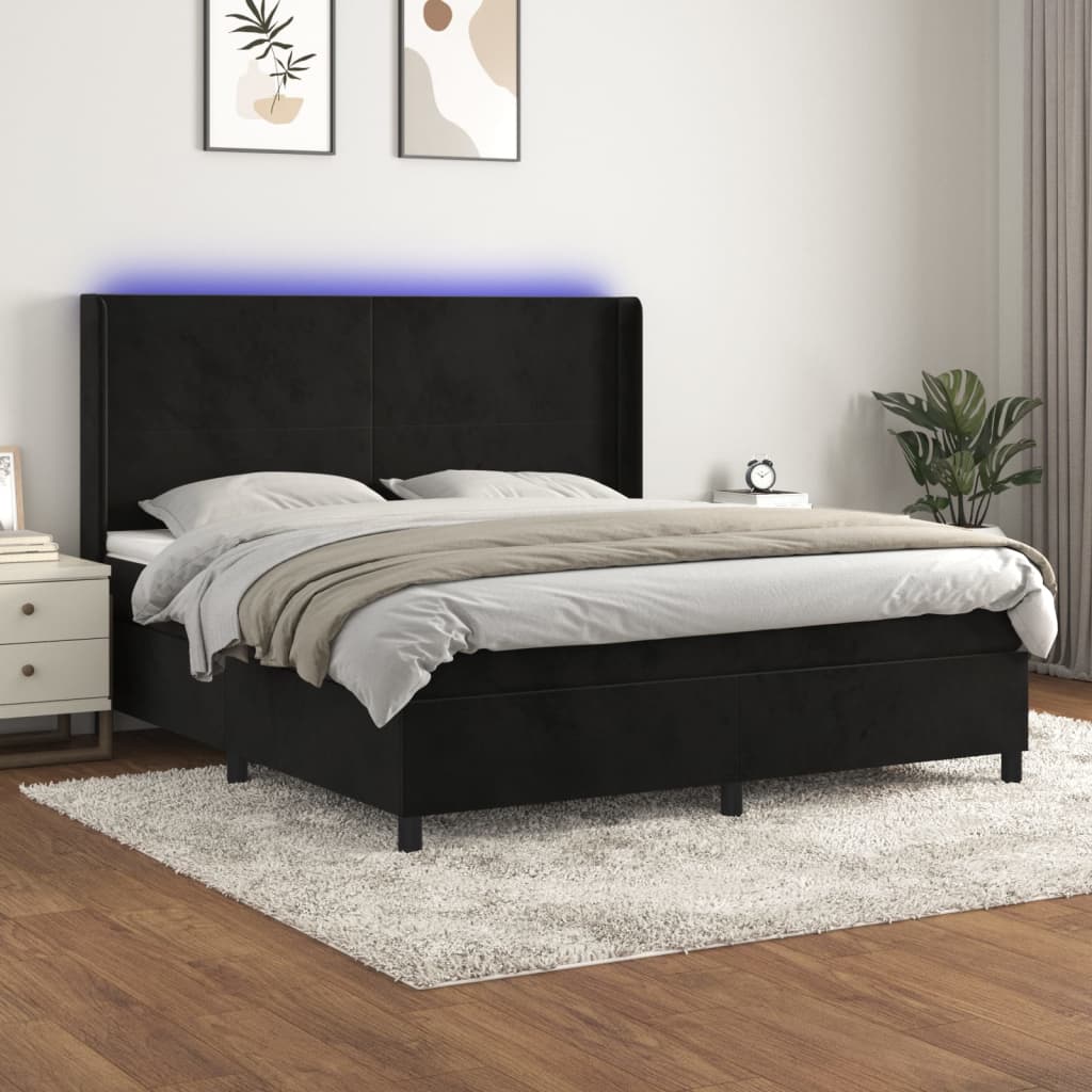 Sommier tapissier avec matelas et LED Noir 180x200 cm Velours
