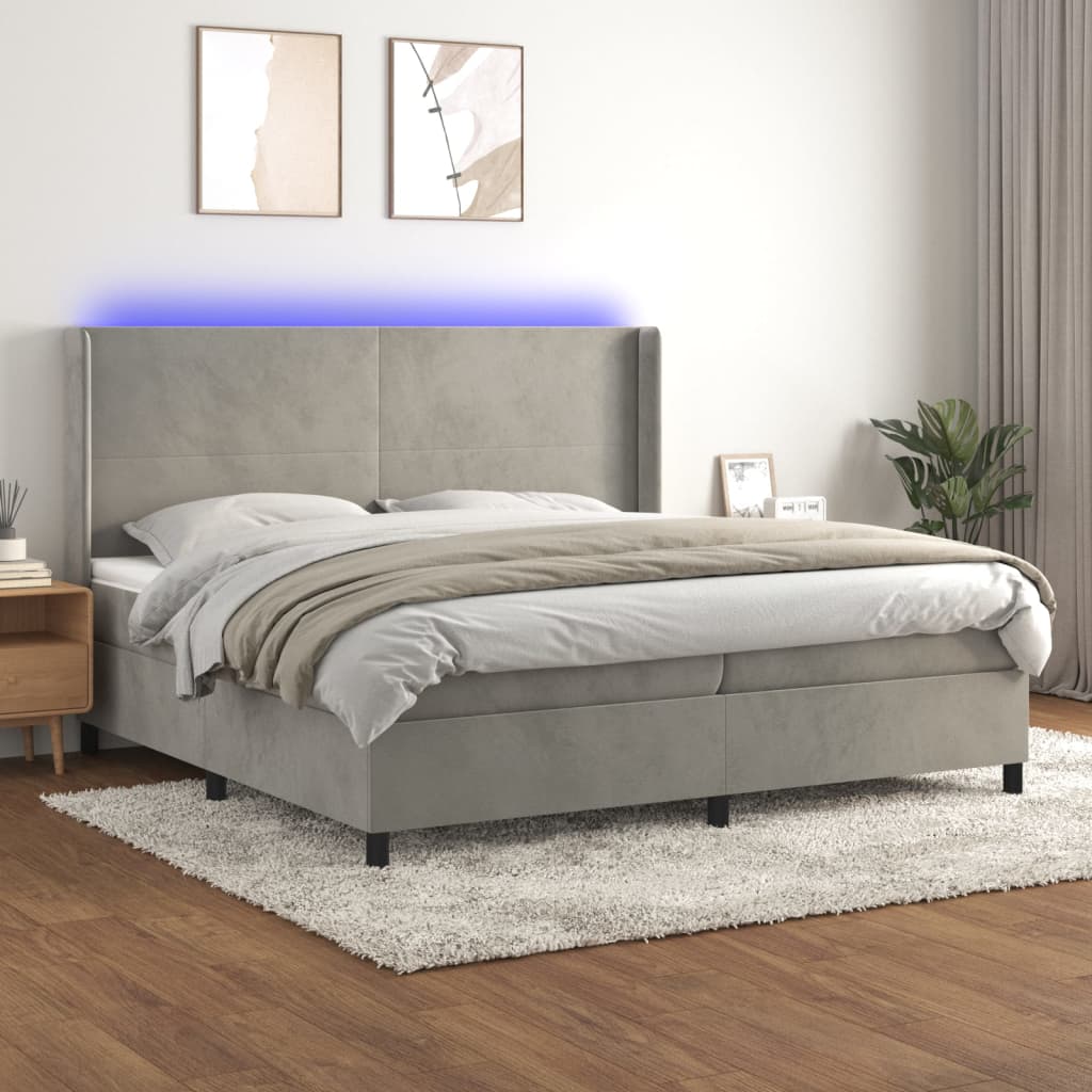 Sommier tapissier matelas et LED Gris clair 200x200 cm Velours