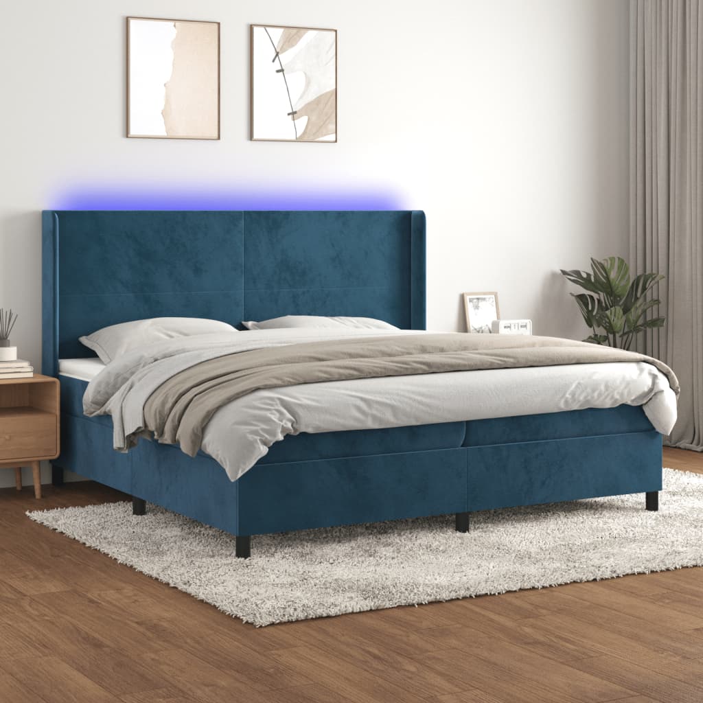 Box spring postel s matrací a LED tmavě modrá 200x200 cm samet