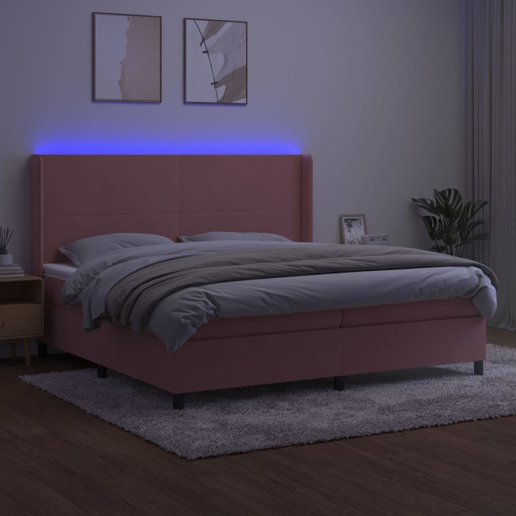 Box spring postel s matrací a LED růžová 200x200 cm samet