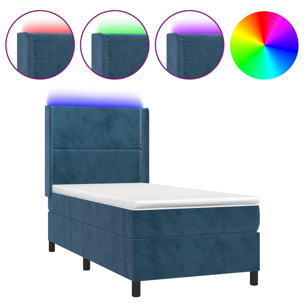 Sötétkék bársony rugós és LED-es ágy matraccal 80 x 200 cm 